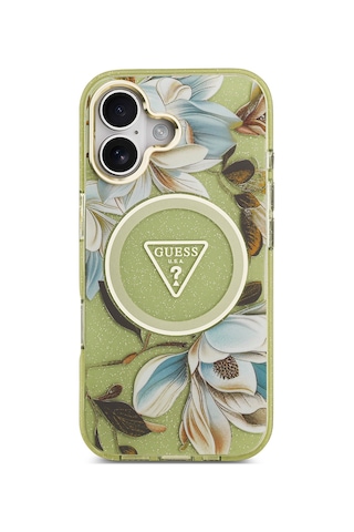 Apple Uyumlu iPhone 17 Kılıf Guess Lisanslı M-safeli Simli Çiçek Desen Metal Kamera Çerçeveli Üçgen Logolu Yeşil Yeşil