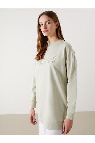 Lcw Modest Gri Bisiklet Yaka Nakışlı Oversize Kadın Sweatshirt Tunik