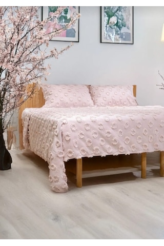 Ponpon Desenli 3 Parça Çift Kişilik Yatak Örtüsü Pudra