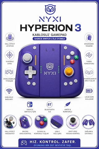 Nyxi Hyperion 3 Mor Joypad Switch 2 Hall Effect Drift Yapmayan Joystick Kablosuz Oyun Kolu Joy-con