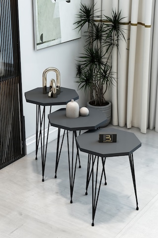 3'lü Sekizgen Zigon Sehpa Seti - Siyah Metal Ayaklı, Modern & Şık Yan Sehpa, Dayanıklı Salon Ofis Antrasit