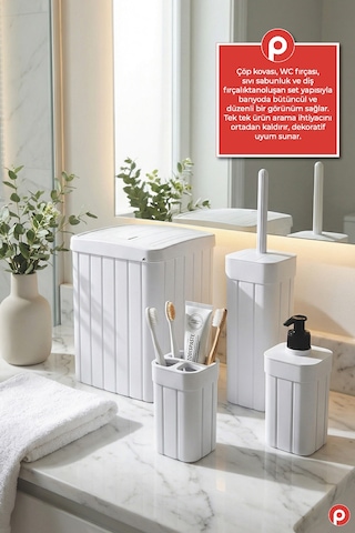 Trend Fitil Desen 4 Parça Banyo Düzenleyici - Estetik ve Dayanıklı Banyo Seti Beyaz