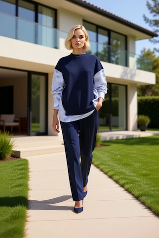 Benerly Kadın Alt Üst Oversize Rahat Kesim Örme Sweatshirt Ve Geniş Paça Lacivert