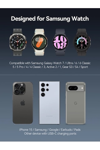 Novahub Samsung Uyumlu Galaxy Watch 7/ultra/6/5/4/3 İçin Kablosuz & Usb C Şarj Cihazı, 40-47mm, Evrensel Kullanım As Picture