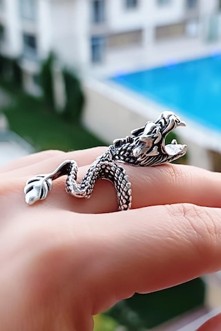 Sigara Tutabilen Ejderha Şekilli Erkek Yüzük Gümüş Kaplama Ayarla Çok Renkli