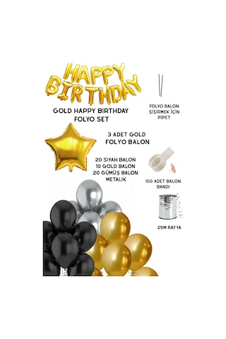 Gold Happy Birthday Folyo Balon Seti Sarı Gold Siyah Gümüş Doğum Günü Parti Süsleri Siyah-gold