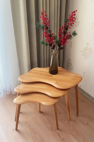 Fawdecor Asimetrik Naturel Masif Doğal Ahşap Zigon Sehpa 3'lü Set