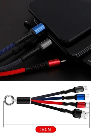 Buffer Işıklı Anahtarlık Model 3 İn 1 Usb Çıkışlı Mikro,type-c Ve İphone Uyumlu Şarj Kablosu Diğer