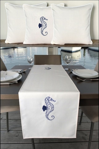 Kırlent Kılıfı 45x45 3'lü Set + 145x40 Runner Marin Nakışlı Deniz Atı Desen Su İtici Outdoor Keten Krem