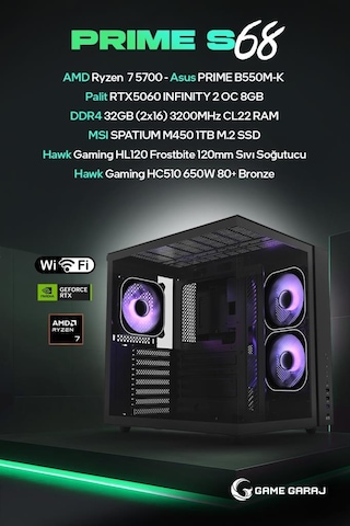 Game Garaj Prime S68 R7-5700 32 GB 1 TB SSD RTX5060 Dos Oem Paket Masaüstü Oyuncu Bilgisayarı