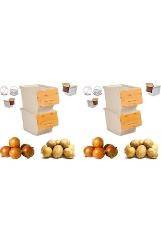 Motek Patateslik Soğanlık Sepeti Oyuncak Kutusu Tekerlekli Organızer Çok Amaçlı Kutu 4x12lt-bambu+krem