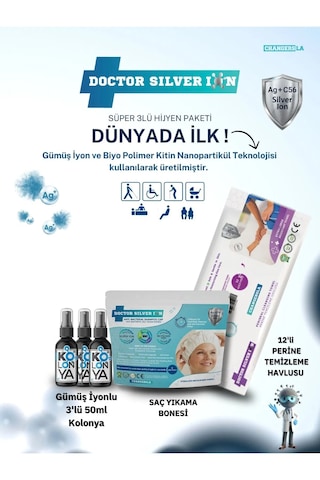Doctor Silver Ion Gümüş İyonlu Kolonya 3 x 50 ML + Saç Yıkama Bonesi + Perine Islak Mendili 12'li Doctor Silver Ion Gümüş İyonlu Kolonya 3 x 50 ML + Saç Yıkama Bonesi + Perine Islak Mendili 12'li