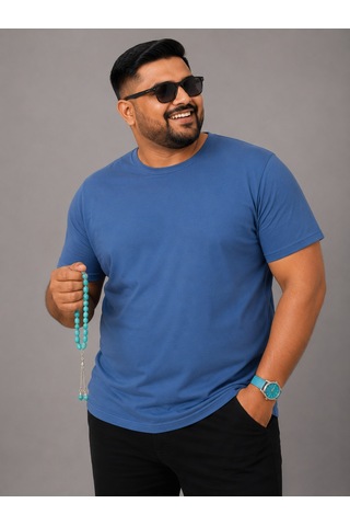 Büyük Beden Pamuklu Likralı Sade Erkek Tişört İndigo