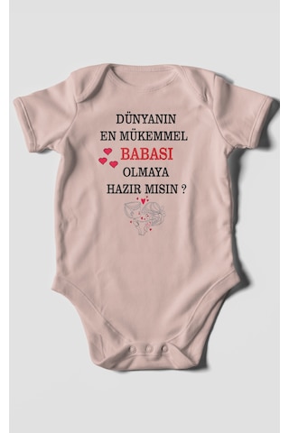 Dünyanın En Mükemmel Babası Olmaya Hazır Mısın Baskılı Bebek Zıbını %100 Pamuk Kısa Kol Pastel Pembe