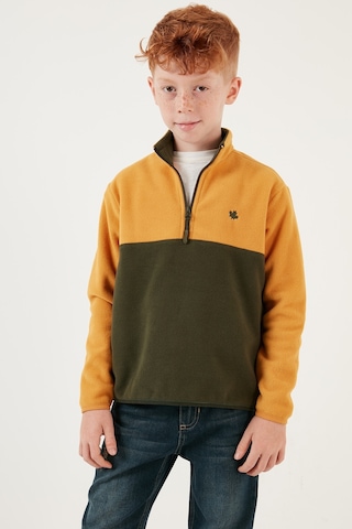 Lela Yumuşak Dokulu Yarım Fermuarlı Renk Bloklu Dik Yaka Unisex Çocuk Polar 5905004 Hardal-Haki
