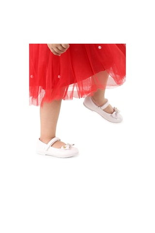 Kiko Kids Cırtlı Fiyonklu Kız Çocuk Babet Ayakkabı Ege 201 Cilt Beyaz