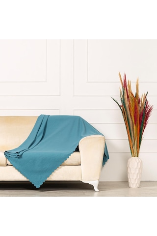 Mavi Dokuma Kadife Şönil Düz Kumaş Çift Taraflı Koltuk Şalı Örtüs