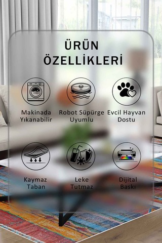 Yıkanabilir Kaymaz Taban Dijital Baskılı Halı Ve Yolluk Leke Tutmaz Salon & Mutfak Halısı - 0341 Çok Renkli