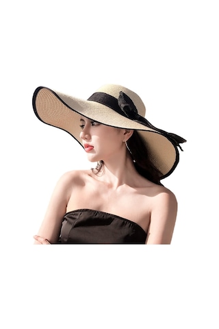 Geniş Kenarlı Egzotik Desenli Plaj Şapkası Kadınlar İçin Güneşten Koruyucu Yazlık Hasır Şapka Modelleri Bej