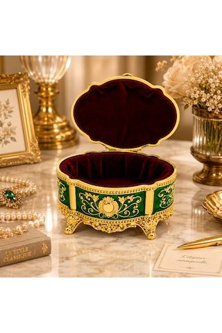 Kristal Taşlı Oval Mücevher Kutusu Kadife İç Kaplamalı Gold İşlemeli Takı Kutusu Dekoratif Saklama Kutusu Yeşil