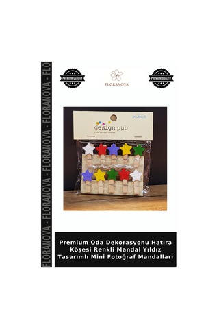 Premium Oda Dekorasyonu Hatıra Köşesi Renkli Mandal Yıldız Tasarımlı Mini Fotoğraf Mandalları