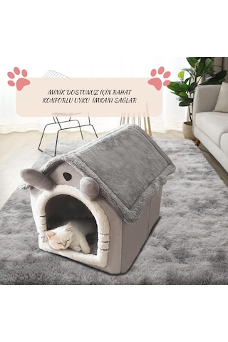 Hpytech Peluş Yumuşak,kedi & Küçük Köpek Evi Kapalı Kulübe Tasarım Sıcak, Konforlu, Yıkanabilir Minderli Evcil Yatak