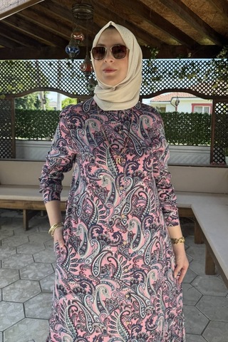 Rabia Şamlı Rengin Şal Desenli Gömlek Elbise Pembe Normal