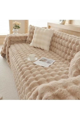 Novahub Kış Yumuşak Tavşan Peluş Kanepe Havlusu, Modern Düz Renk Açık Kahve Örtü Açık Kahve