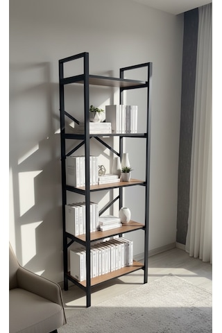 Modern 5 Raflı Kitaplık Geniş Metal Kitaplık Dosya Rafı Ofis Salon Raf Ceviz Ceviz - Siyah