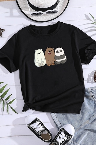 Uyguntarz Çocuk Kafadar Ayılar Baskılı Pamuklu Tshirt Siyah