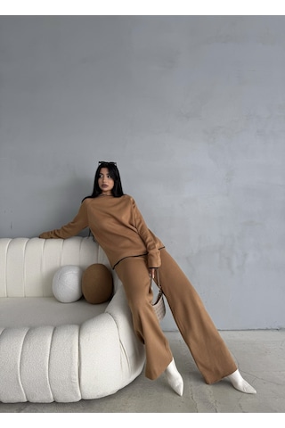 Kadın Kapüşonlu Çizgi Detaylı Triko Alt-üst Takım Camel