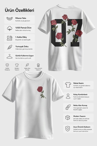 Spoyi Street Rose Tasarımlı %100 Pamuk Yarım Oversize Beyaz T-mhirt