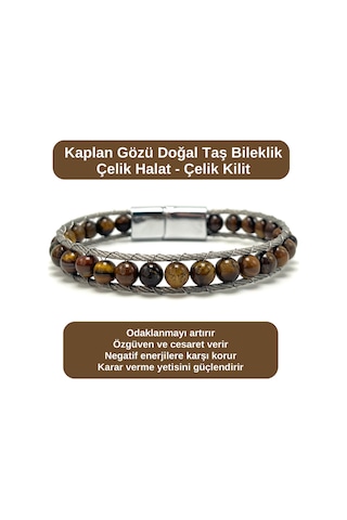 Sertifikalı Kaplan Gözü 6mm Doğal Taş Bileklik Çelik Halat Çelik Kilit Çok Renkli