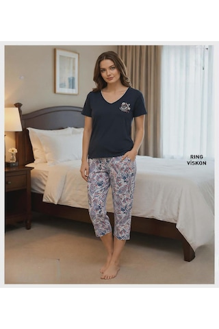 Mi Hra Mihra Kadın Viskon V Yaka Kısa Kol Kapri Likralı Pijama Takımı 40111l - 1 Adet Lacivert