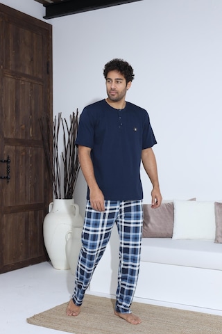 Erkek 70042 Kısa Kol Yaka Düğmeli Pijama Takımı Lacivert Lacivert