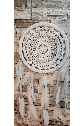 Düş Kapanı Makrome Dreamcatcher Ekru Kuş Tüyü Rüya Kapanı Duvar Süsü Elişi