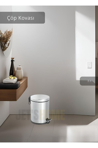 Jet's Home Pedallı Banyo Çöp Kovası Paslanmaz 3 Lt Mutfak Çöp Kutusu Beyaz Beyaz