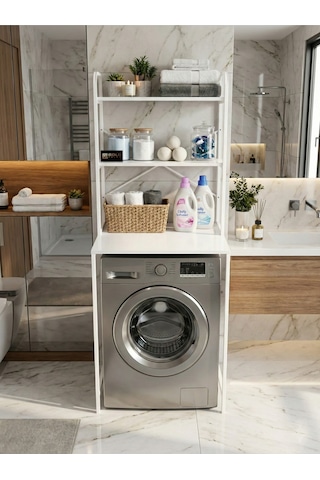 Çamaşır Makinesi Dolabı 2 Katlı Geniş Depolama Raf Ünitesi Metal Banyo Organizer Standı 260 Beyaz Çok Renkli