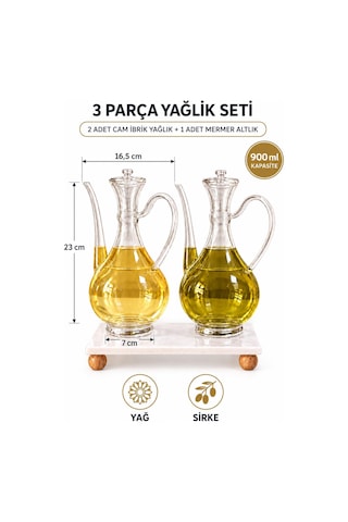 3 Parça Mermer Standlı Borosilikat Cam Yağlık Set - Sirkelik İbrik Model Yağdanlık Takımı Şeffaf