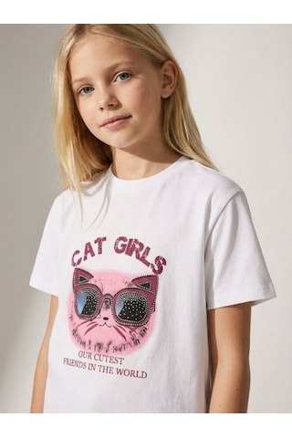Zekids Kız Çocuk Cat Girls Baskılı T-shirt-17186 Ekru