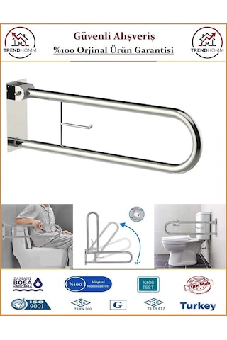 Trendhomm Mafsallı Engelli Tutunma Barı - Bedensel Engelli Tutunma Barı - 73x23 Krom