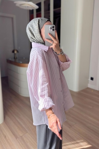 Kahijab Önü Katlı Çizgili Gömlek - Pembe