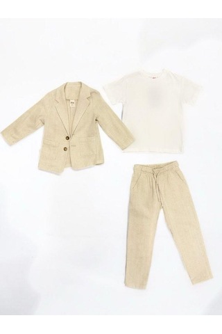 Erkek Çocuk 3 Lü Pamuklu Keten Takım-14501 Bej