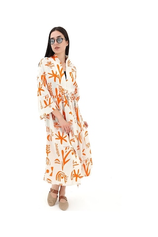 Baskılı Keten Kimono - Turuncu-turuncu Turuncu