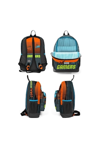 Coral High Kids Erkek Çocuk Gamer Desenli 3 Lü Okul Çanta Seti Gri Turuncu