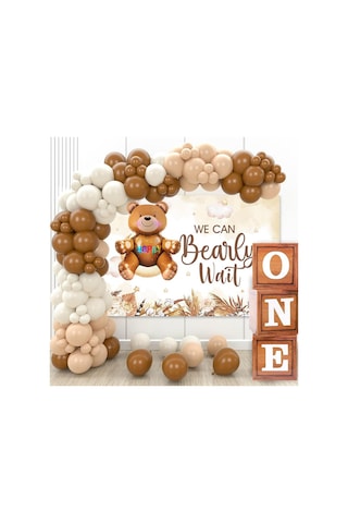 Oyuncak Ayı Temalı 1 Yaş Doğum Günü Seti Ahşap Görünümlü One Kutu Ve Retro Balon Zincir Set