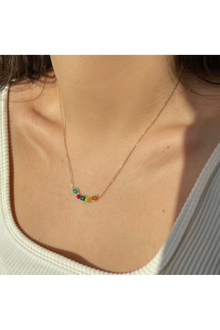 Vintage Renkli Taşlı Çelik Kolye Altın