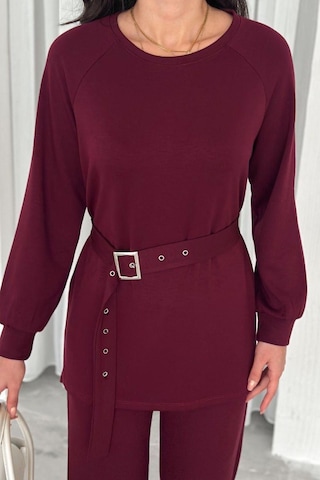 Ded Collectıon Kadın Modal Kumaş Kemer Detaylı Uzun Kollu Tunik Bol Paça Pantolon Takım Bordo