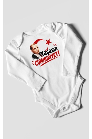 Morivokids Yaşasın Cumhuriyet Uzun Kollu Bebek Body %100 Pamuk Beyaz