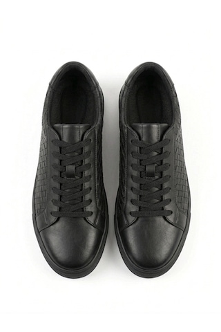 Growish Gd0111 Hakiki Deri Yüksek Taban Modern Örgü Desen Yüksek Eva Taban Siyah Sneaker Ayakkabı Siyah - Siyah